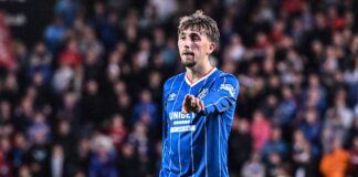 Dan Neil in action for Rangers v Dundee United at Tannadice.