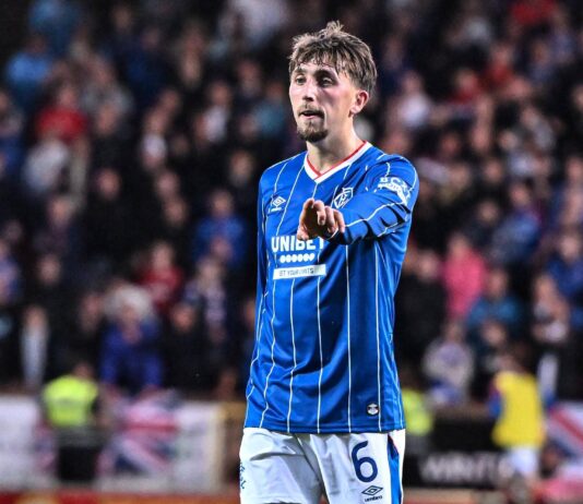 Dan Neil in action for Rangers v Dundee United at Tannadice.