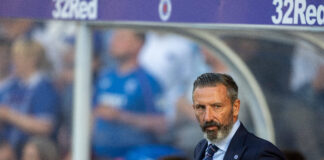 Rangers manager Derek McInnes in the dugout at Ibrox.