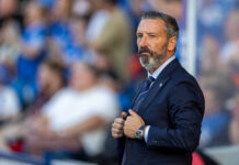 Derek McInnes Rangers manager in Rangers suit at Ibrox.
