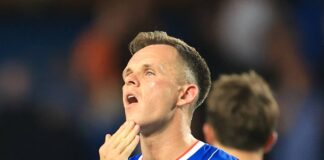 Lawrence Shankland of Rangers looks dejected