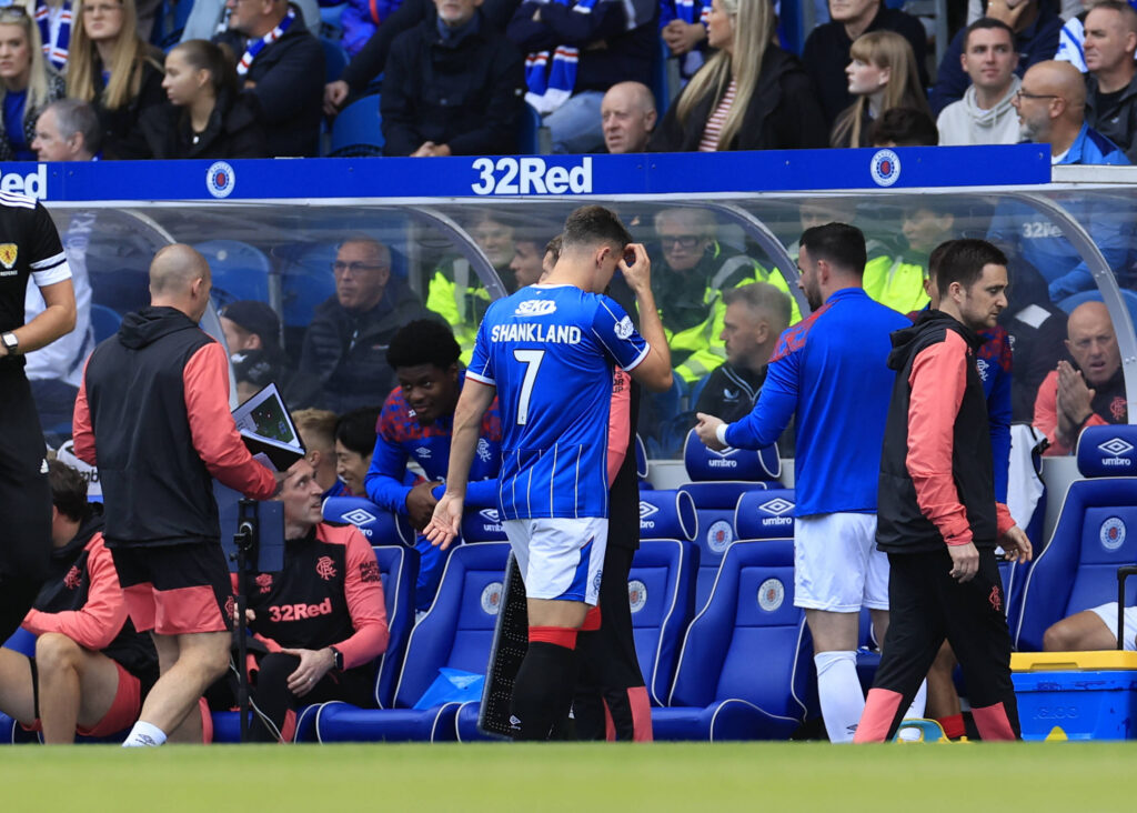 Lawrence Shankland of Rangers goes off with injury at Ibrox.