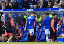 Lawrence Shankland of Rangers goes off with injury at Ibrox.