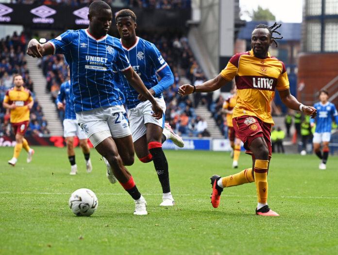 UK: Rangers v Motherwell, Scottish Premier League, at Ibrox Stadium in Glasgow, Scotland on 05 September 2026 Rangers defence featuring Olwethu Makhanya and Emmanuel Fernandez