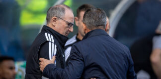 Derek McInnes tricks Martin O'Neill as the two embrace at Ibrox.